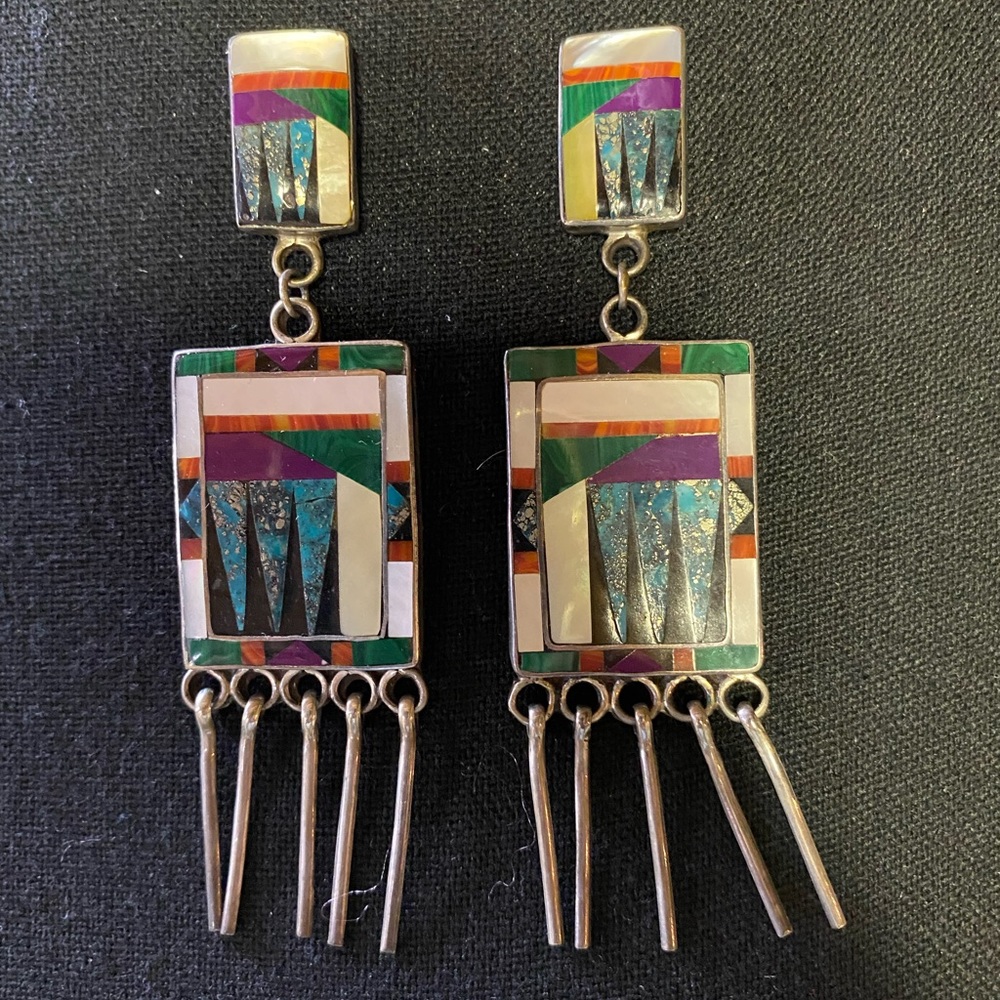 Sterling silver inlay earrings with MOP, turquoise, onyx, suglite, cobalt. - Picture 2 of 5
